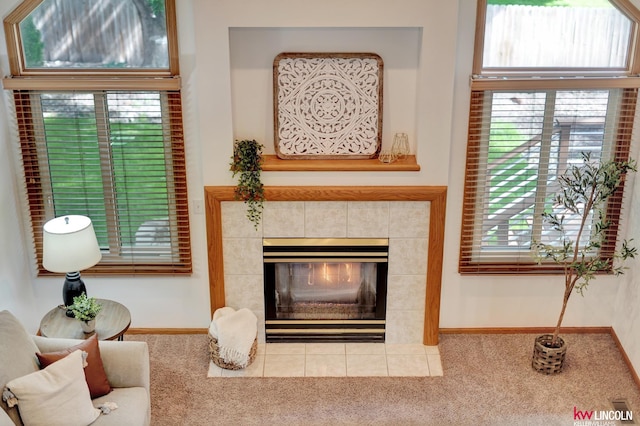 4630 Eagle Ridge Rd, Lincoln, NE 68516 - living area featuring carpet flooring, a tiled fireplace, and healthy amount of natural light