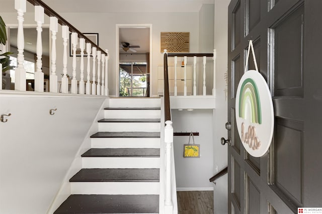 622 S 126th St, Omaha, NE 68154 - stairway featuring a ceiling fan and wood finished floors