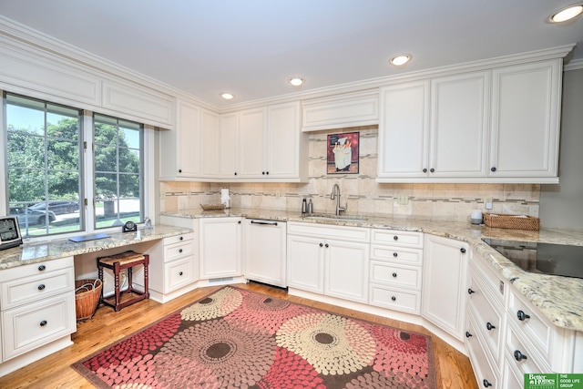 9706 Ascot Dr, Omaha, NE 68114 - kitchen with black electric stovetop, light wood-type flooring, white cabinetry, backsplash, and recessed lighting