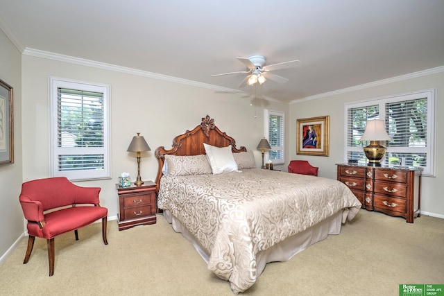 9706 Ascot Dr, Omaha, NE 68114 - bedroom featuring crown molding, light carpet, multiple windows, and ceiling fan