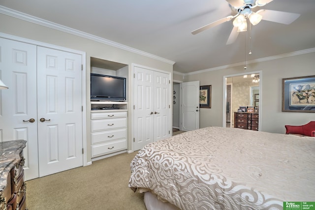 9706 Ascot Dr, Omaha, NE 68114 - bedroom featuring two closets, light carpet, ornamental molding, and ceiling fan