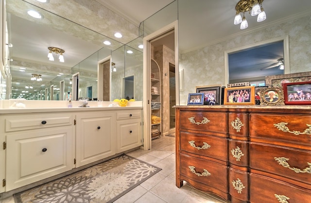 9706 Ascot Dr, Omaha, NE 68114 - bathroom with vanity, tile patterned floors, and crown molding