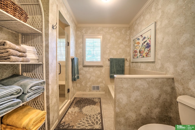 9706 Ascot Dr, Omaha, NE 68114 - bathroom featuring ornamental molding, a bath, tile patterned floors, and a shower stall