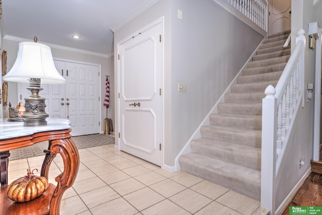 9706 Ascot Dr, Omaha, NE 68114 - foyer entrance featuring ornamental molding, stairway, light tile patterned flooring, and recessed lighting