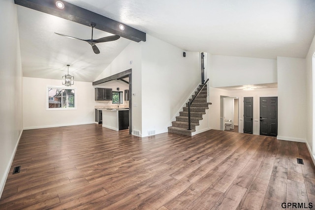 801 Redwood Ln, Papillion, NE 68046 - unfurnished living room with a ceiling fan, high vaulted ceiling, dark wood finished floors, stairs, and beamed ceiling