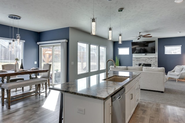 7163 N 164th St, Bennington, NE 68007 - kitchen featuring dishwasher, a stone fireplace, wood finished floors, white cabinetry, and ceiling fan