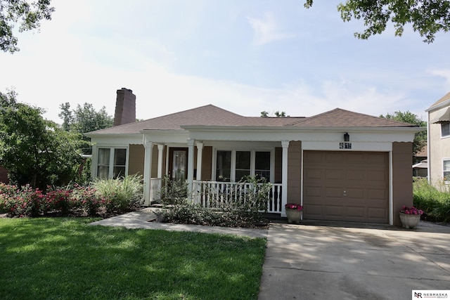 4915 Pinkney St, Omaha, NE 68104 - ranch-style house with a porch, a chimney, a garage, a front lawn, and driveway