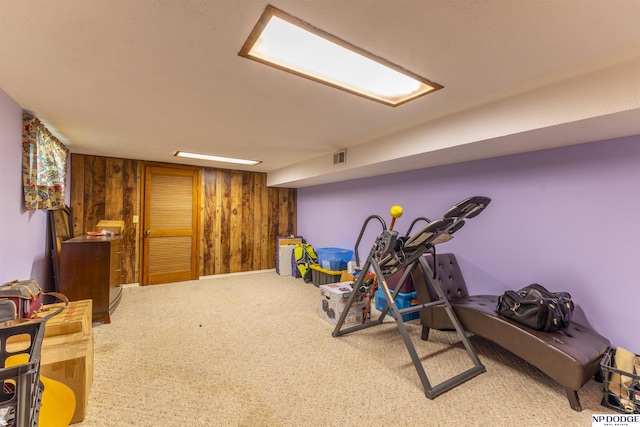 1211 Devon Dr, Papillion, NE 68046 - workout area featuring wooden walls and carpet