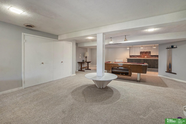 1729 S 76th Ave, Omaha, NE 68124 - rec room with light carpet, billiards table, a textured ceiling, and bar