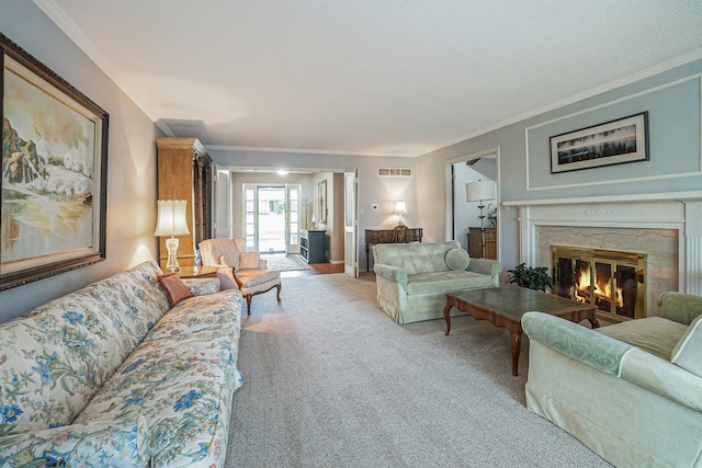1729 S 76th Ave, Omaha, NE 68124 - living area with carpet floors, a fireplace, and crown molding
