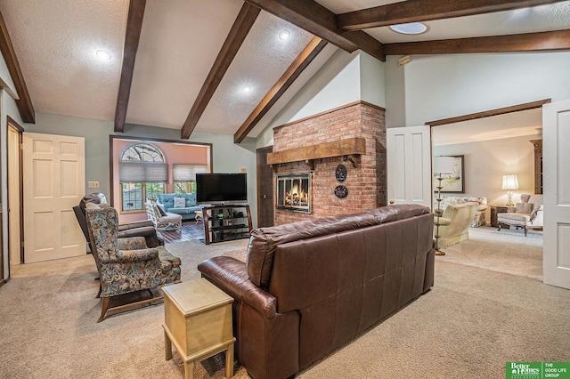 1729 S 76th Ave, Omaha, NE 68124 - living room with light colored carpet, a fireplace, recessed lighting, and a textured ceiling