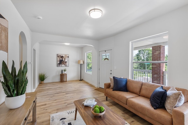 3102 Woolworth Ave, Omaha, NE 68105 - living room featuring arched walkways and light wood-style flooring
