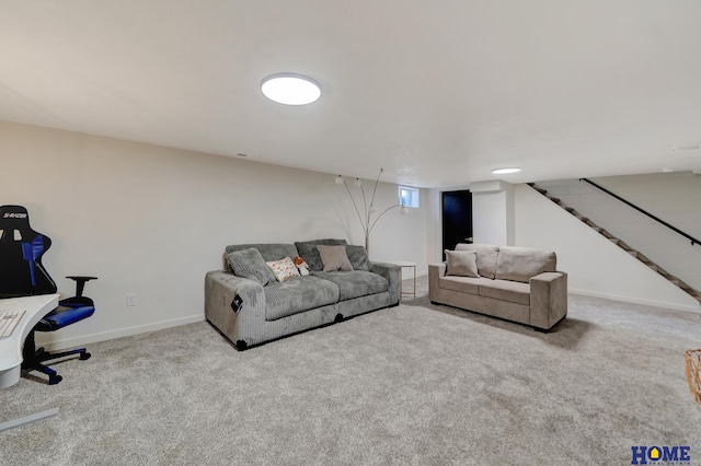1991 Calvert St, Lincoln, NE 68502 - carpeted living room featuring baseboards and stairway