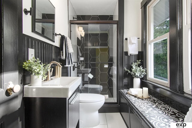 3814 Marcy St, Omaha, NE 68105 - full bathroom featuring vanity, a stall shower, and tile patterned floors