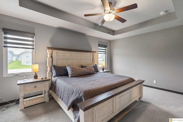 7176 N 166th St, Bennington, NE 68007 - bedroom with dark colored carpet, a tray ceiling, and a ceiling fan