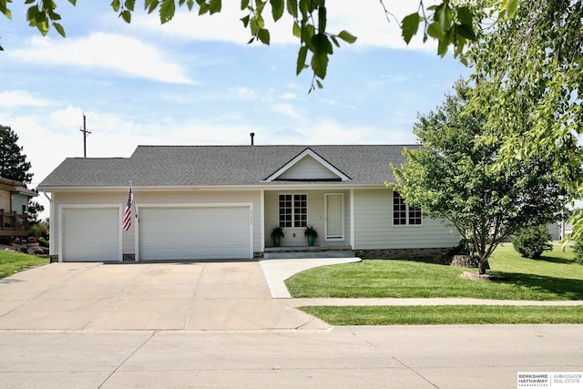 21305 Mcclellan Cir, Gretna, NE 68028 - ranch-style house with a garage, driveway, a front lawn, and a shingled roof