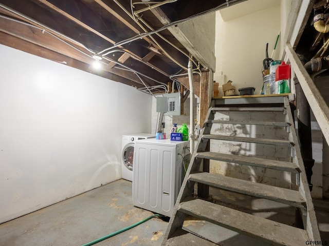 6557 Maple St, Omaha, NE 68104 - unfinished basement with washing machine and dryer, stairs, and electric panel