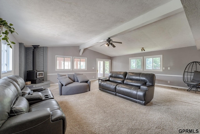 1524 Trumball Ter, Plattsmouth, NE 68048 - living area featuring a wood stove, ceiling fan, a textured ceiling, plenty of natural light, and carpet flooring