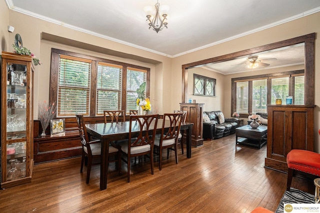 4615 N 28th Ave, Omaha, NE 68111 - dining room featuring wood-type flooring, crown molding, and a ceiling fan
