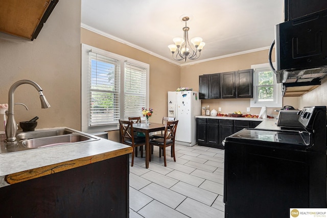 4615 N 28th Ave, Omaha, NE 68111 - kitchen featuring white fridge with ice dispenser, black electric range oven, stainless steel microwave, crown molding, and a chandelier