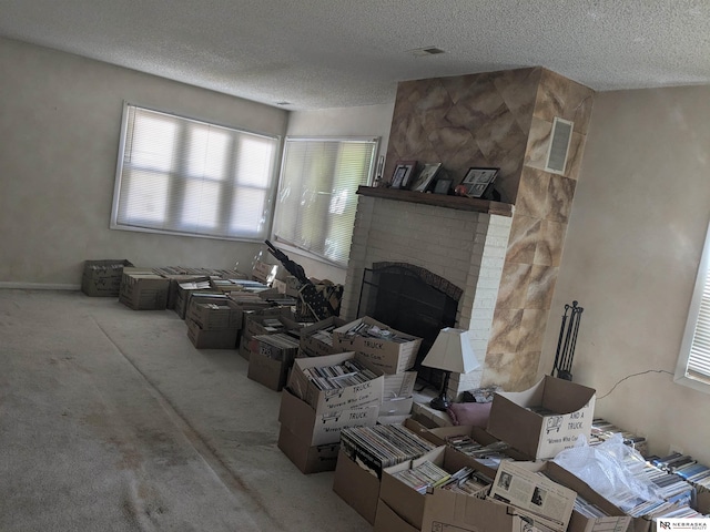 6400 Baldwin Ave, Lincoln, NE 68507 - carpeted living room with a textured ceiling, healthy amount of natural light, and a fireplace