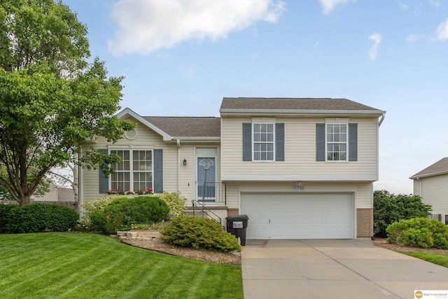 15748 Rosewood St, Omaha, NE 68136 - tri-level home featuring a garage, a front lawn, driveway, and roof with shingles
