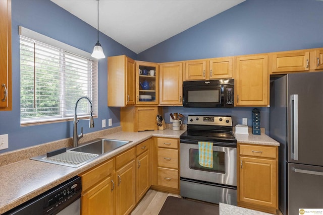 15748 Rosewood St, Omaha, NE 68136 - kitchen with appliances with stainless steel finishes, vaulted ceiling, glass insert cabinets, light countertops, and pendant lighting
