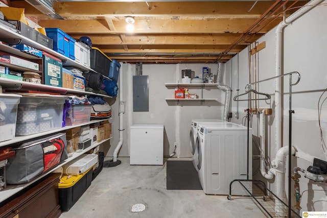 15748 Rosewood St, Omaha, NE 68136 - unfinished basement featuring electric panel, fridge, and independent washer and dryer
