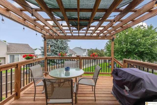 15748 Rosewood St, Omaha, NE 68136 - wooden terrace with a grill, a pergola, and outdoor dining area