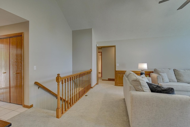 17139 S St, Omaha, NE 68135 - living area featuring light colored carpet, ceiling fan, and wainscoting