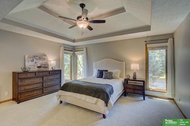17139 S St, Omaha, NE 68135 - bedroom with a raised ceiling, light colored carpet, multiple windows, a textured ceiling, and ceiling fan