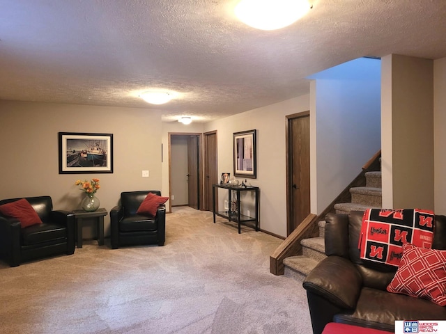 2364 N Columbia Ave, Seward, NE 68434 - living room with a textured ceiling, stairway, and light carpet