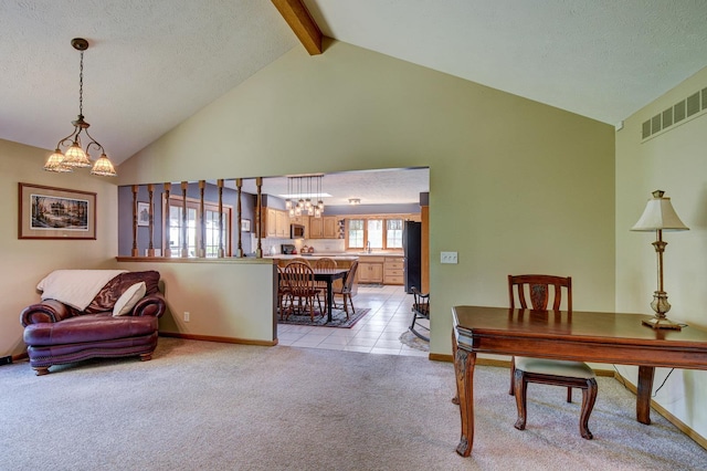 21900 Angus Rd, Gretna, NE 68028 - office featuring a chandelier, light carpet, high vaulted ceiling, beamed ceiling, and a textured ceiling