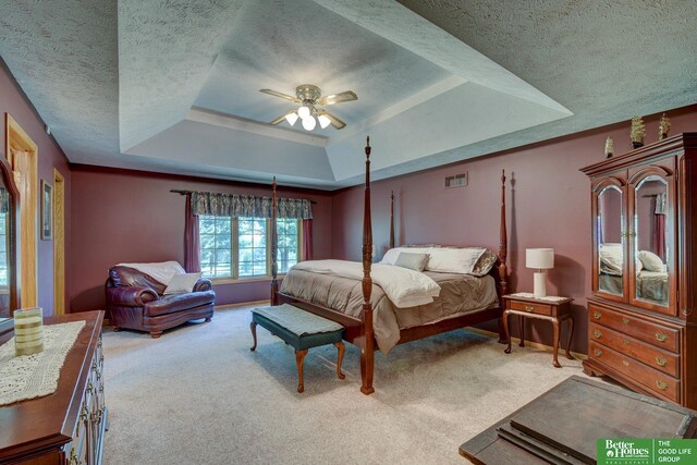 21900 Angus Rd, Gretna, NE 68028 - bedroom featuring a tray ceiling, carpet floors, a textured ceiling, and a ceiling fan