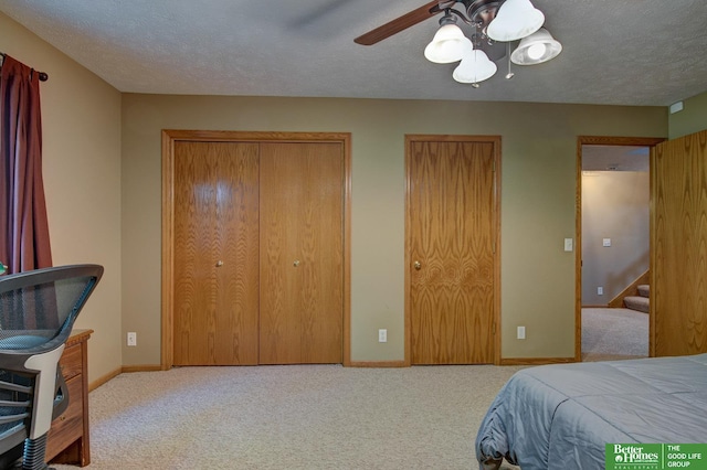 21900 Angus Rd, Gretna, NE 68028 - carpeted bedroom with two closets, a textured ceiling, and a ceiling fan