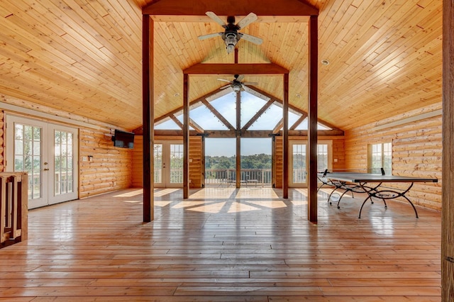 21900 Angus Rd, Gretna, NE 68028 - unfurnished living room featuring a ceiling fan, plenty of natural light, french doors, a wooden ceiling with exposed beams, and high vaulted ceiling
