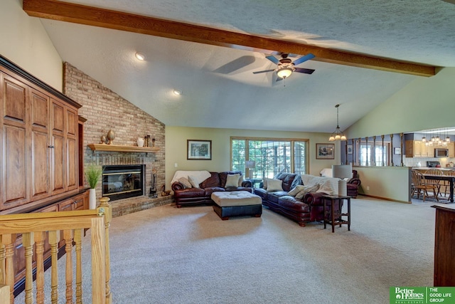 21900 Angus Rd, Gretna, NE 68028 - living area with light carpet, a chandelier, beamed ceiling, a brick fireplace, and ceiling fan