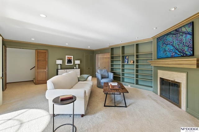 1705 N 102nd St, Omaha, NE 68114 - living room with carpet floors, ornamental molding, recessed lighting, a high end fireplace, and built in shelves