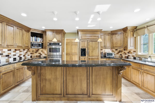 1705 N 102nd St, Omaha, NE 68114 - kitchen featuring appliances with stainless steel finishes, open shelves, a kitchen island, backsplash, and recessed lighting