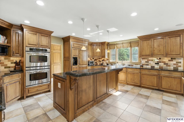 1705 N 102nd St, Omaha, NE 68114 - kitchen featuring appliances with stainless steel finishes, brown cabinets, decorative backsplash, and recessed lighting