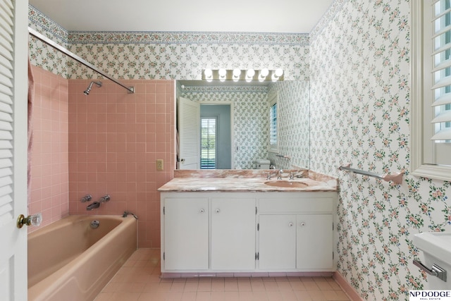 1705 N 102nd St, Omaha, NE 68114 - bathroom featuring wallpapered walls, tile patterned flooring, bathtub / shower combination, and vanity