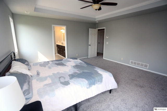 11915 S 53rd St, Papillion, NE 68133 - bedroom featuring a tray ceiling, carpet flooring, a ceiling fan, connected bathroom, and ornamental molding