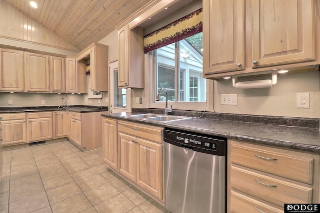 405 W 20th St, Fremont, NE 68025 - kitchen with dishwasher, vaulted ceiling, light tile patterned floors, dark countertops, and wood ceiling