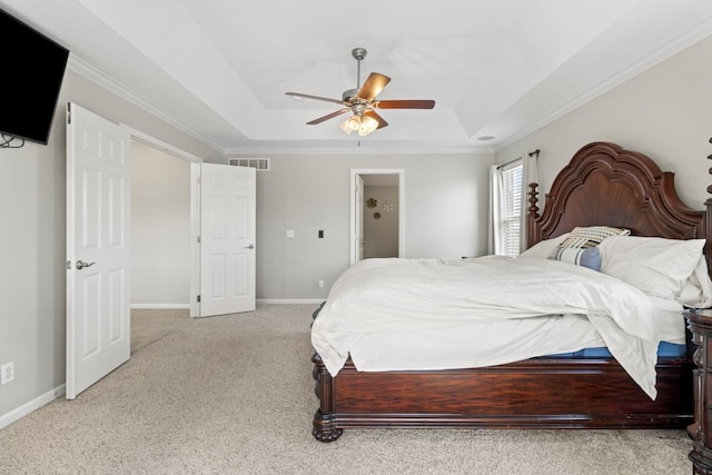 8917 N 157th St, Bennington, NE 68007 - bedroom with crown molding, carpet floors, a ceiling fan, and a tray ceiling
