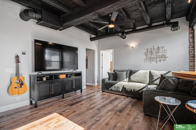 312 S 16th St Unit 904, Omaha, NE 68102 - living room featuring a ceiling fan, beam ceiling, and wood finished floors