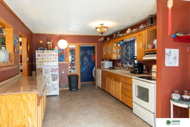 503 E 12th St, York, NE 68467 - kitchen with white appliances, under cabinet range hood, light countertops, and brown cabinets