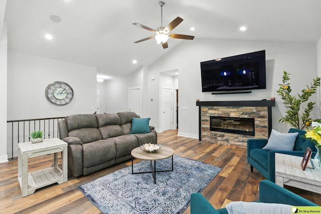 15436 Fowler Ave, Omaha, NE 68116 - living room featuring a fireplace, a ceiling fan, wood finished floors, high vaulted ceiling, and recessed lighting