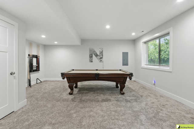 15436 Fowler Ave, Omaha, NE 68116 - rec room with electric panel, recessed lighting, light colored carpet, and billiards table