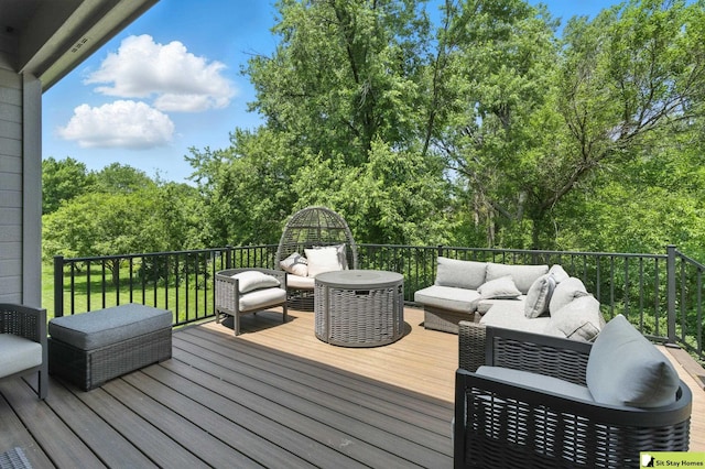 15436 Fowler Ave, Omaha, NE 68116 - deck with an outdoor hangout area and view of wooded area