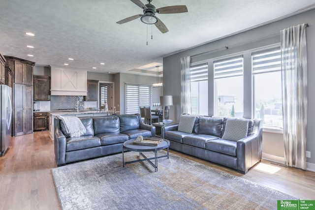 20761 Shirley St, Omaha, NE 68022 - living room with light wood-style flooring, a ceiling fan, and recessed lighting